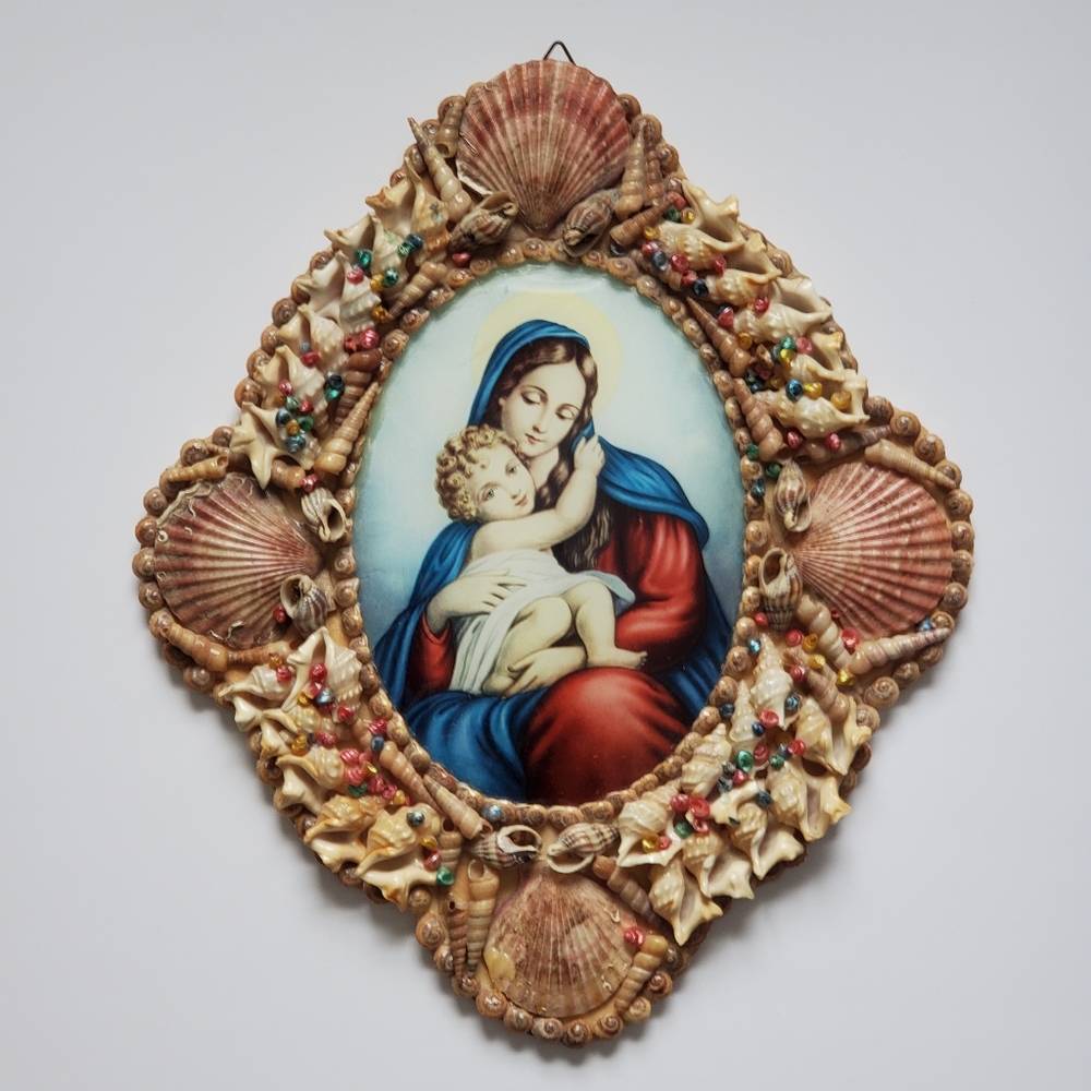 Vintage Handmade Shell Frame Religious Art Virgin Mary & Baby Jesus Convex Glass